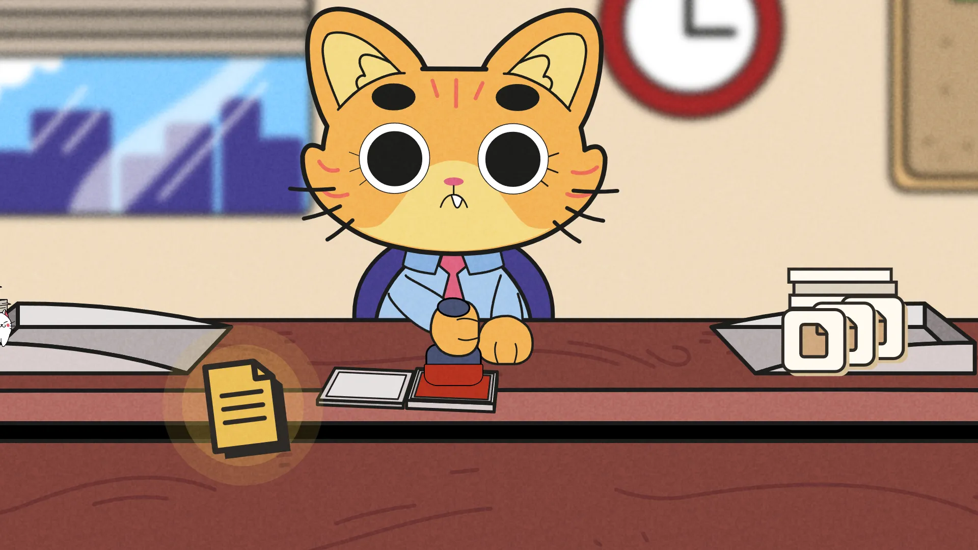 The companion with both arms on the desk and the ink pad
